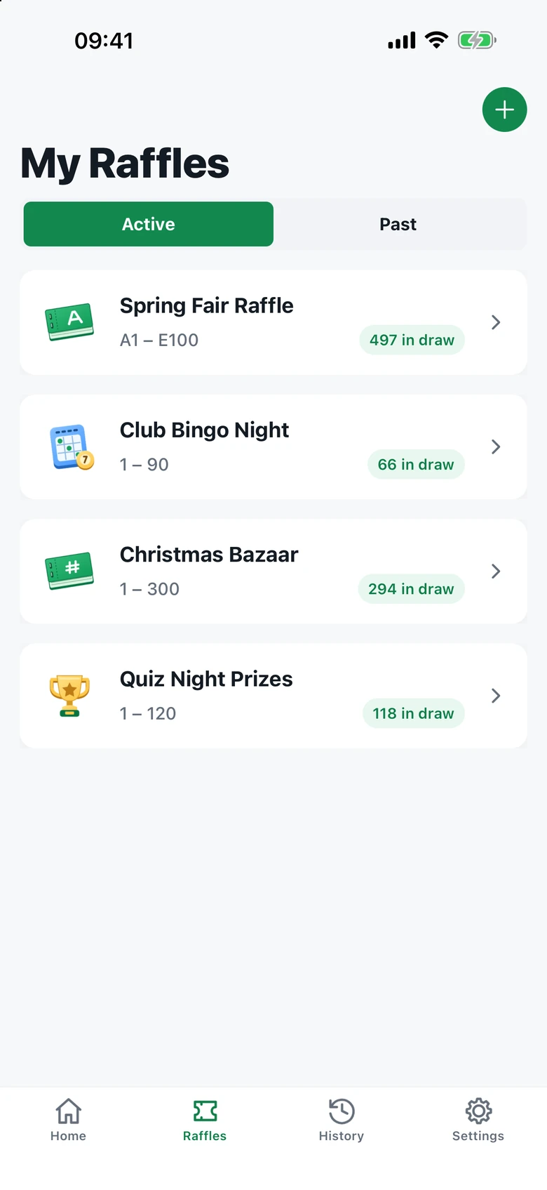 My Raffles screen with saved raffle and bingo events